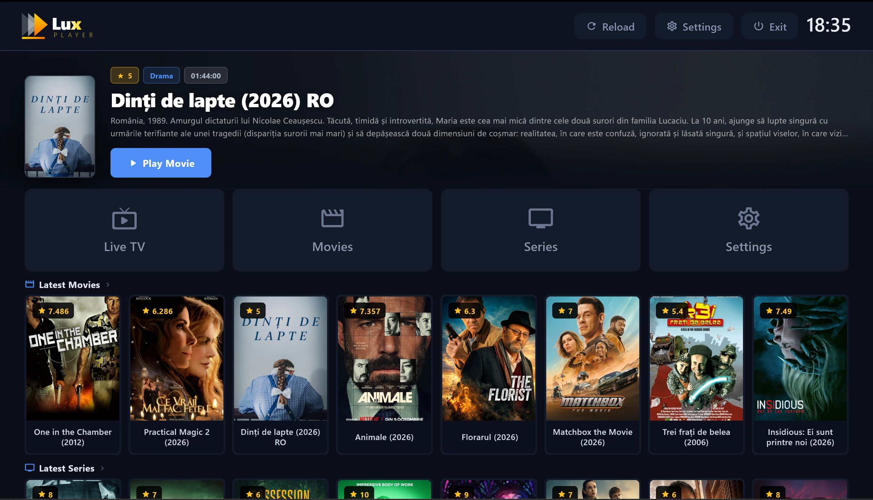 Interfața reală Home din Lux Player, cu secțiunile TV live, filme și seriale